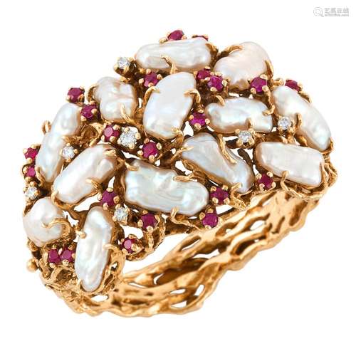 Barbara Anton Gold, Freshwater Pearl, Diamond and Ruby Cuff ...