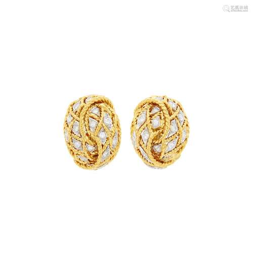 Pair of Two-Color Gold and Diamond Bombé Earclips