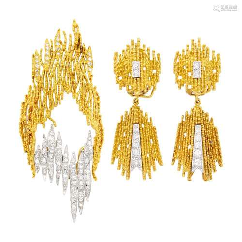 Two-Color Gold and Diamond Brooch and Pair of Pendant-Earrin...