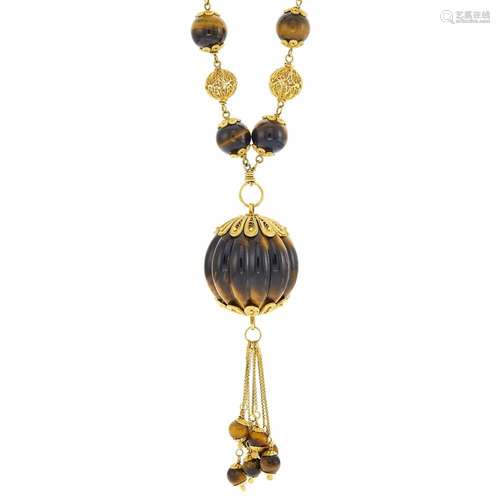 Gold and Tiger's Eye Bead Fringe Pendant-Necklace