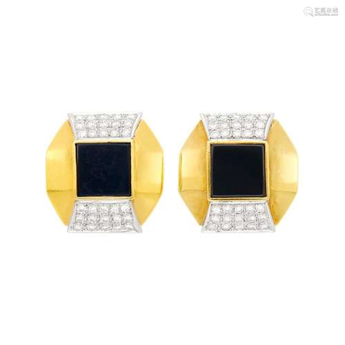 Pair of Two-Color Gold, Black Onyx and Diamond Earclips