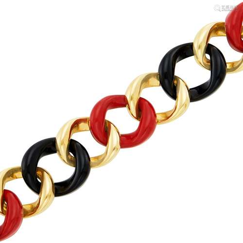 Gold, Black Onyx and Red Enamel Curb Link Bracelet