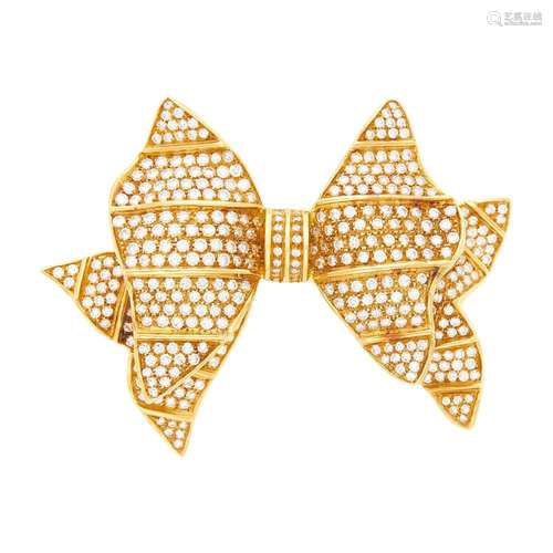 Gold and Diamond Bow Clip-Brooch