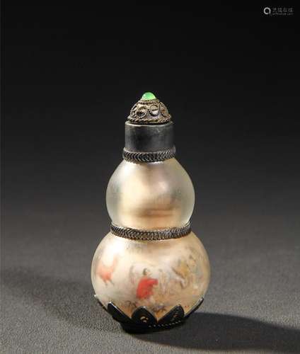 A Chinese Carved Peking Glass Snuff Bottle with Painting Ins...