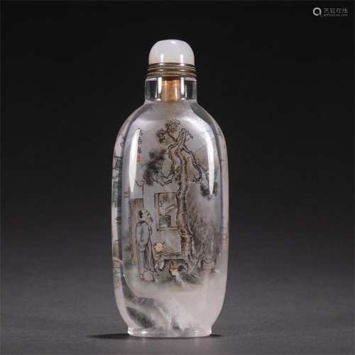 A Chinese Carved Rock Crystal Snuff Bottle with Painting Ins...