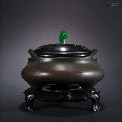 A Chinese Bronze Incense Burner with Lid and Stand