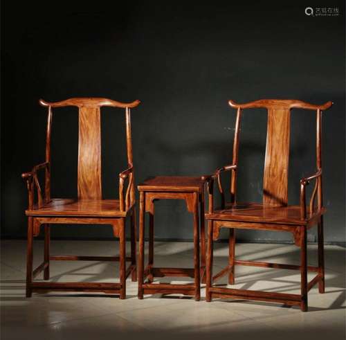 A Pair of Chinese Carved Hardwood Chairs with Side Table