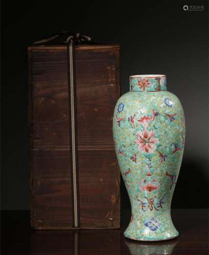 A Chinese Turquoise-Green Ground Famille-Rose Porcelain Vase