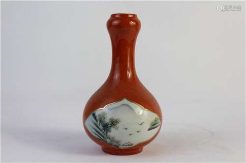 A Chinese Coral-Red Ground Famille-Rose Porcelain Vase