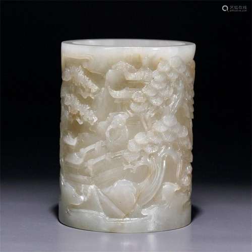 A Chinese Carved Jade Brush Pot