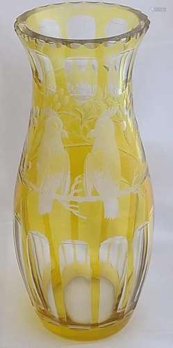 Yellow Cut to Clear Crystal vase with Parrots 12"