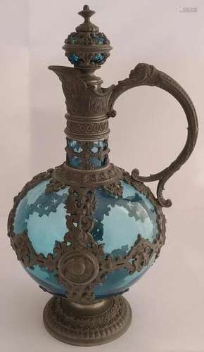 Art Nouveau German Glass Claret Pewter Decanter