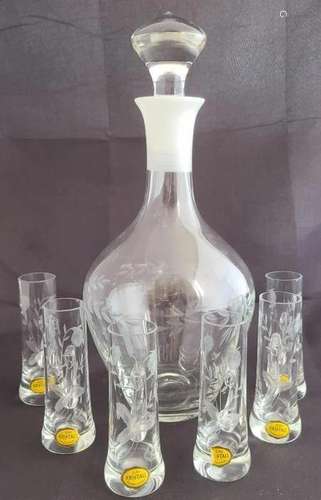 Rare Etched Crystal Handgeschliffen Decanter Set