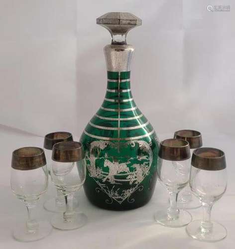 Nouveau Green Glass Silver Overlay Decanter Set