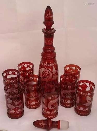 Vintage Bohemian Ruby Cut to Clear Set with 8 Cups