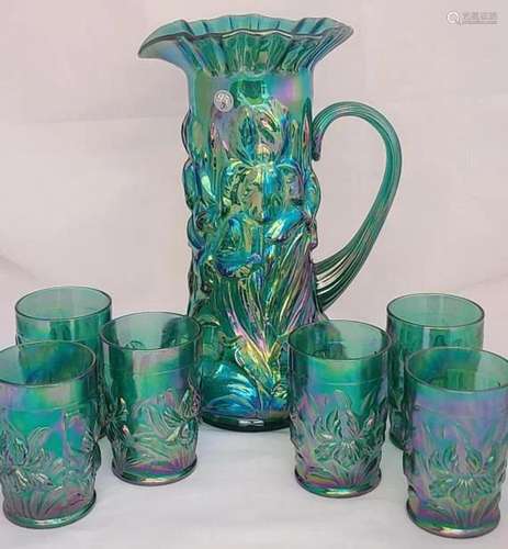 Fenton Heavy Iris in Spruce Green Set w/ 6 Tumbler