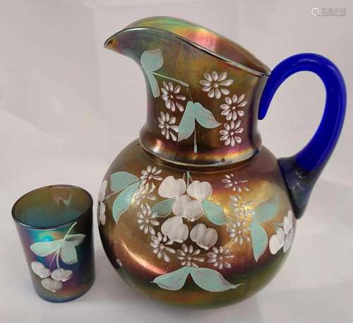 Enameled Cherry & Blossoms Pitcher with Tumbler