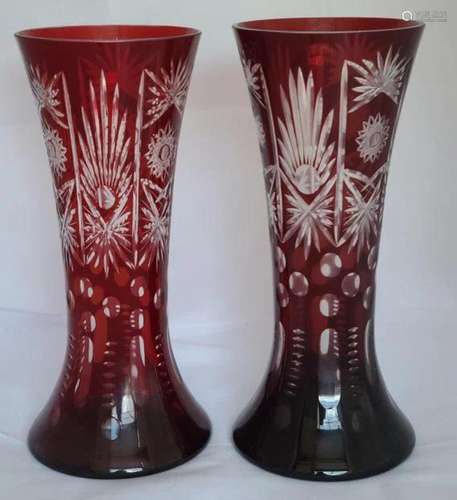 Set of 2 Bohemian Cut Red Glass Vases