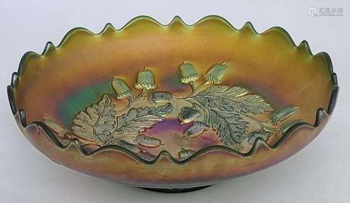 Vintage Fenton Autumn Acorn Green Glass Bowl