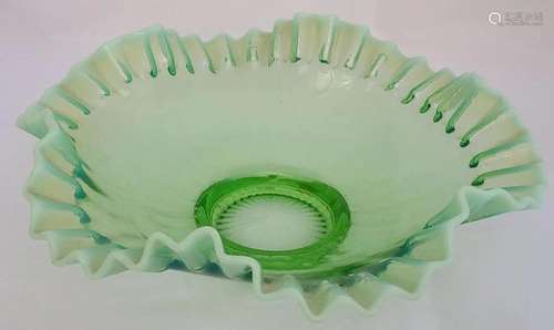 Green Opalescent Ruffle Bowl Probably Fenton