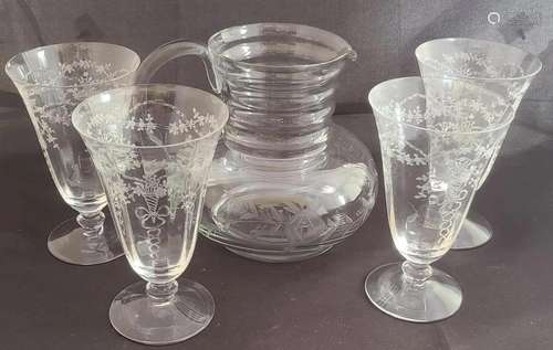 4 Antique Cambridge Goblets & Etched Pitcher