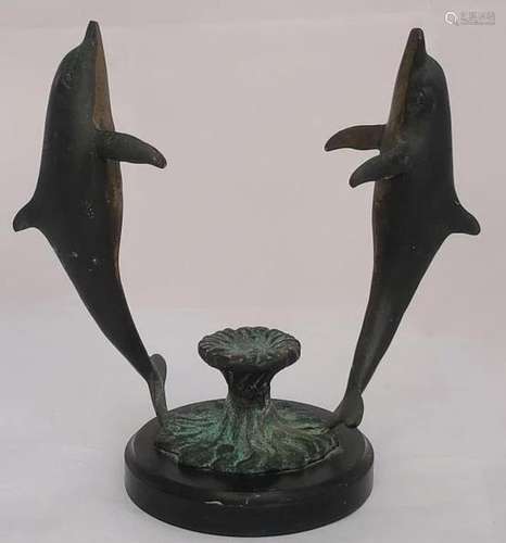 Twin Dolphins Bronze Brass Sculpture Vase by SPI