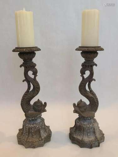 Pair of Large and Heavy 18" Dolphin Candlesticks