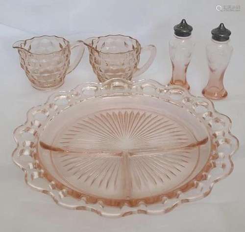 Lot of Pink Depression Glass including Shakers