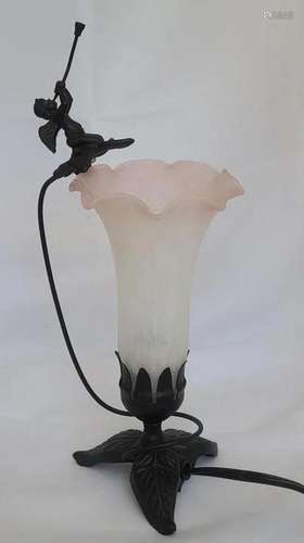 Pink Glass Tulip Uplighted Table Lamp with Cherub