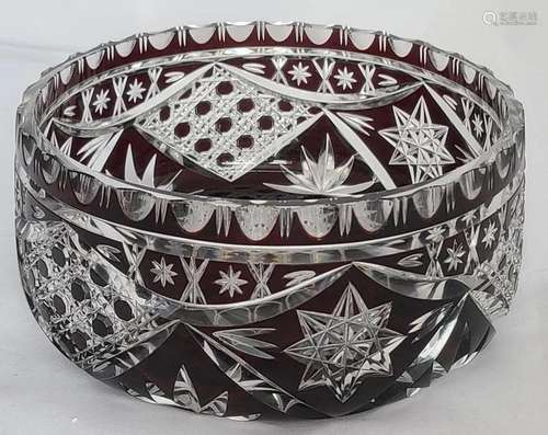 Bohemian Czech Oxblood Cut to Clear Glass Bowl