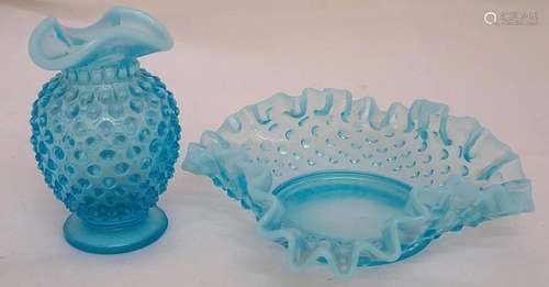 Fenton Hobnail Blue Glass Vase & Dish