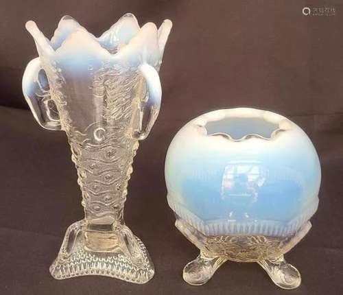 Antique EAPG White Opalescent Vase and Rose Bowl