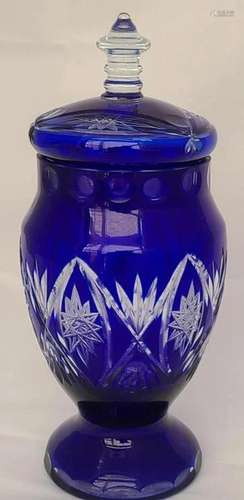 Cobalt Cut to Clear Crystal Lidded Candy Dish