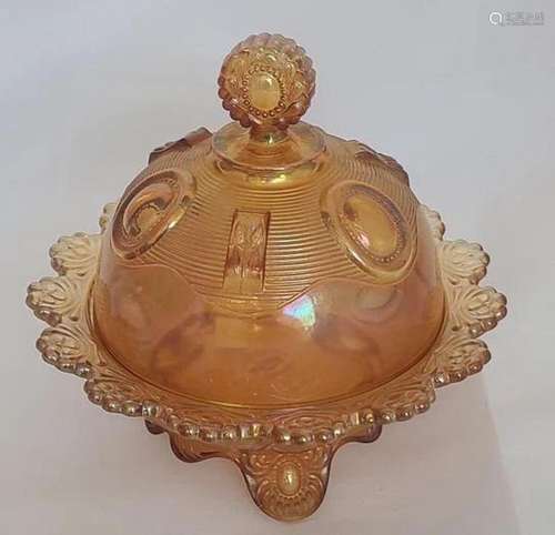 Imperial Marigold Dewey Carnival Glass Butter Dish