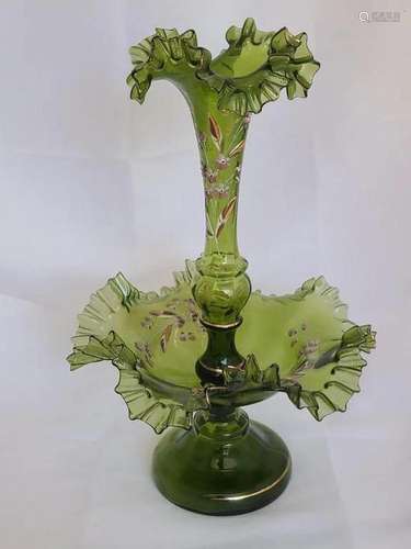 Fenton Olive Green Glass Hand Painted Epergne