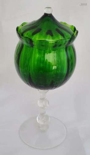 Large Emerald Green Long Stem Lidded Candy Dish