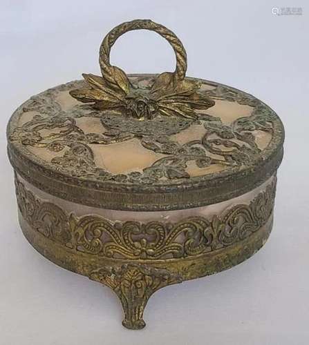 Antique Footed Powder Box with Brass Gold Ormolu