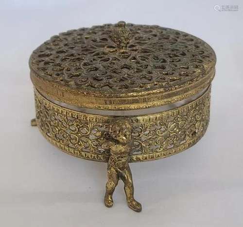 Antique Footed Powder Box with Brass Gold Ormolu