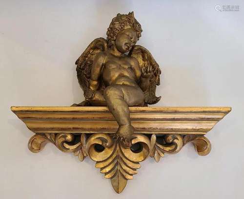 Wood Cherub Sculpture on Gold Painted Shelf