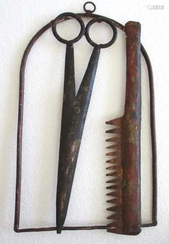 Barber's trade advertisement sign scissors and comb