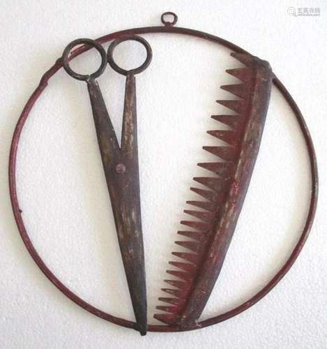 Iron barber's trade advertisement sign comb and scissors