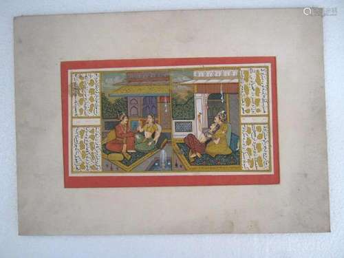 Indian miniature painting , king with two queens on paper