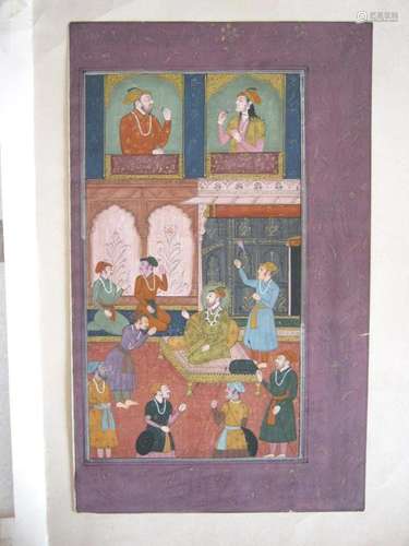 Indian Mughal miniature painting on paper , court scene