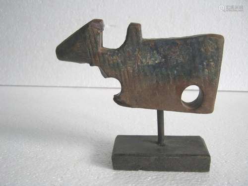 Handmade wooden bull on stand