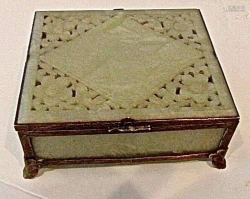 Antique Serpentine Jade Box , Bronze mounts