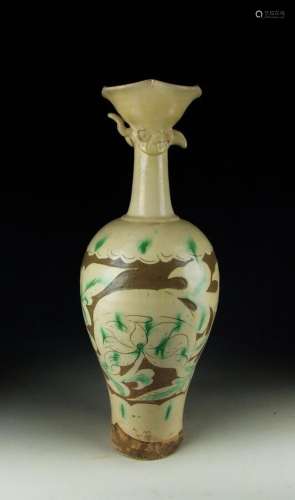 CHINA ANTIQUE TRI-COLORED POTTERY BOWL-MOUTHED VASE