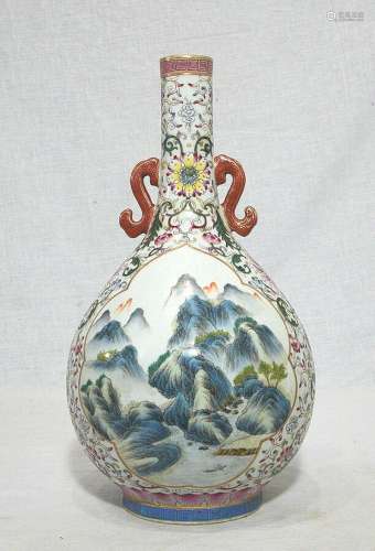 Chinese  Famille  Rose  Porcelain  Long  Neck  Vase  With  S...