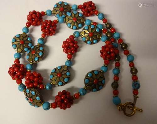 Old Chinese Hand Made Red Corals & Turquoise Unique Neck...