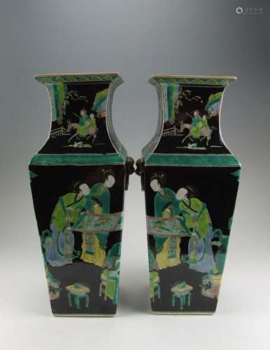 PAIR OF CHINA ANTIQUE TRI-COLORED PORCELAIN VASES BEAUTY DEC...