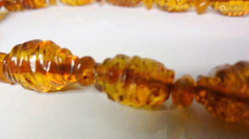 Vintage Spiral Amber Chinese Hand Carved Barrel Beads Neckla...